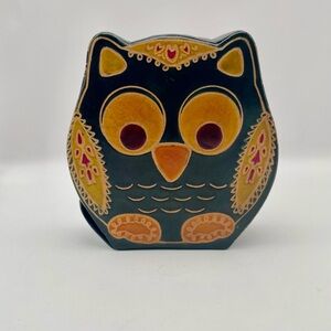 Vintage, Embossed Leather, OWL Coin Bank, Snap Closure, Dark Green/Gold/Pumpkin